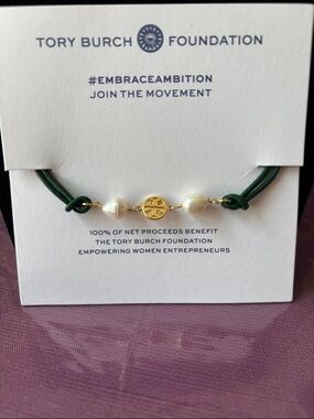 Tory Burch Gold Bracelet, Pearl And Green  Leather, Gold Tory Burch